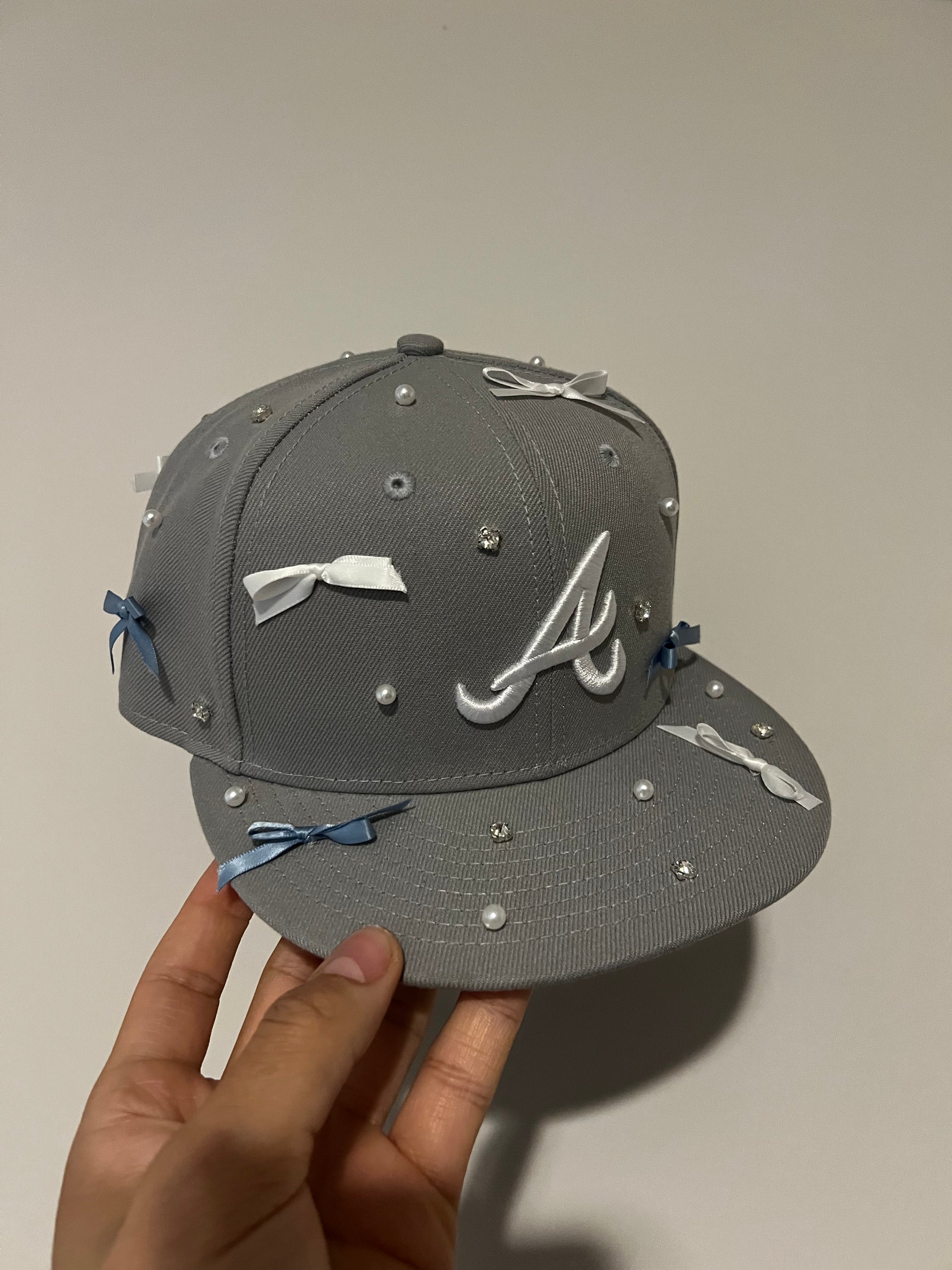 NEW Light Denim Pearl Bow Rhinestone Bling Baseball Cap Adjustable Boutique Hat Denim Hat with Pearl Bow – Living Fully® main image 2